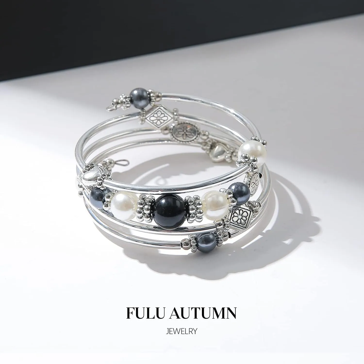 FULU AUTUMN Beaded Bangle Bracelets for Women Silver Wrap Bangles Bracelet Womens Costume Jewelry Fashion Gift