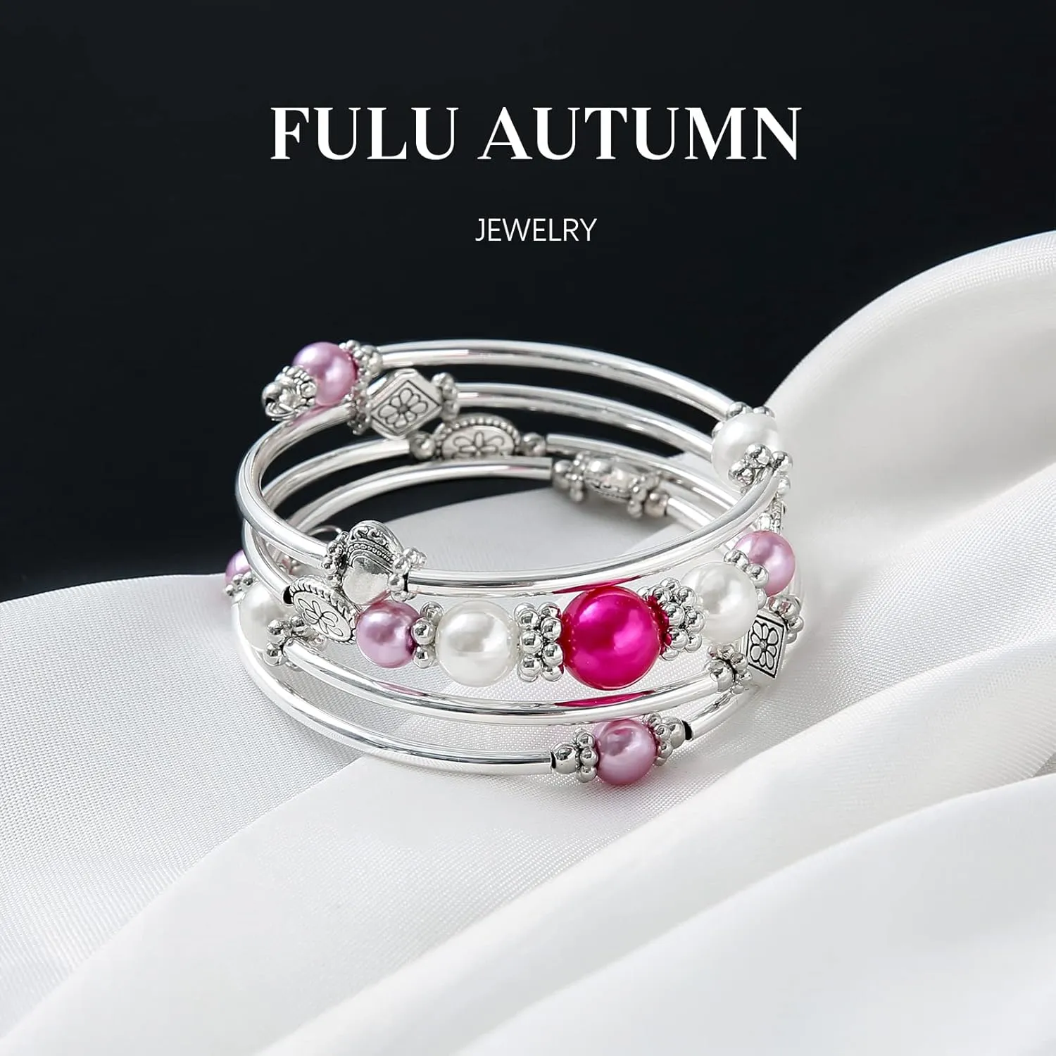 FULU AUTUMN Beaded Bangle Bracelets for Women Silver Wrap Bangles Bracelet Womens Costume Jewelry Fashion Gift
