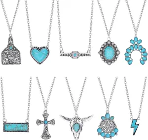 FUNRUN JEWELRY 10Pcs Western Necklaces for Women Turquoise Necklace Cow Tag Lightning Bolt Horseshoe Bar Turquoise Pendant Necklace Cowgirl Boho Western Jewelry Set