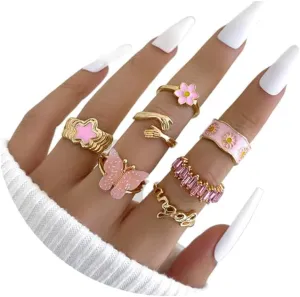 FUTIMELY Boho Gold Knuckle Rings Set for Women,Vintage Stackable Joint Finger Ring Butterfly Heart Flower Hug Sparkling Crystals Ring Set Jewelry
