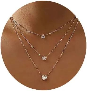 FUTIMELY Layered Choker Necklaces,Five-pointed Star,love Heart Rhinestone Pendant,Multilayer Adjustable Bohemian Layering Chain for Women