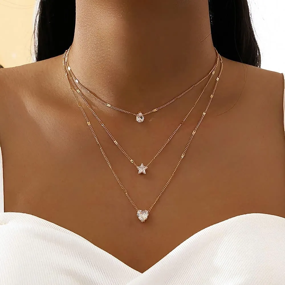 FUTIMELY Layered Choker Necklaces,Five-pointed Star,love Heart Rhinestone Pendant,Multilayer Adjustable Bohemian Layering Chain for Women