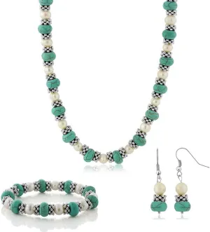 Gem Stone King 18 Inch Simulated Turquoise Howlite and Cultured Freshwater Pearl and Spacers Necklace and Earrings For Women