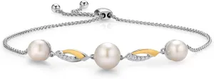 Gem Stone King 925 Sterling Silver and 10K Yellow Gold Cultured Freshwater Pearl and White Lab Grown Diamond Tennis Bracelet for Women (Round 6-7.5MM Pearls, Adjustable Up to 9.25 Inch)