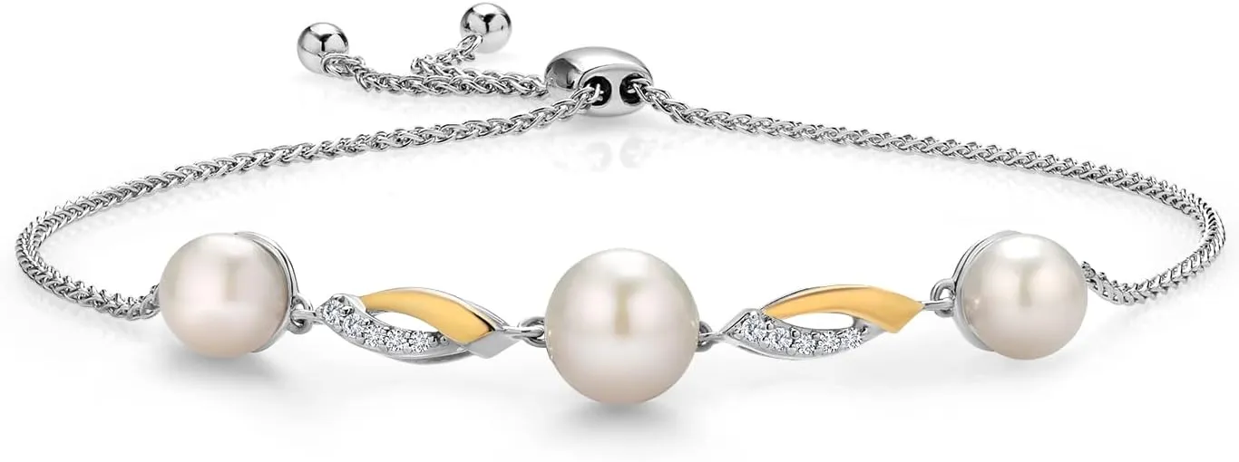 Gem Stone King 925 Sterling Silver and 10K Yellow Gold Cultured Freshwater Pearl and White Lab Grown Diamond Tennis Bracelet for Women (Round 6-7.5MM Pearls, Adjustable Up to 9.25 Inch)