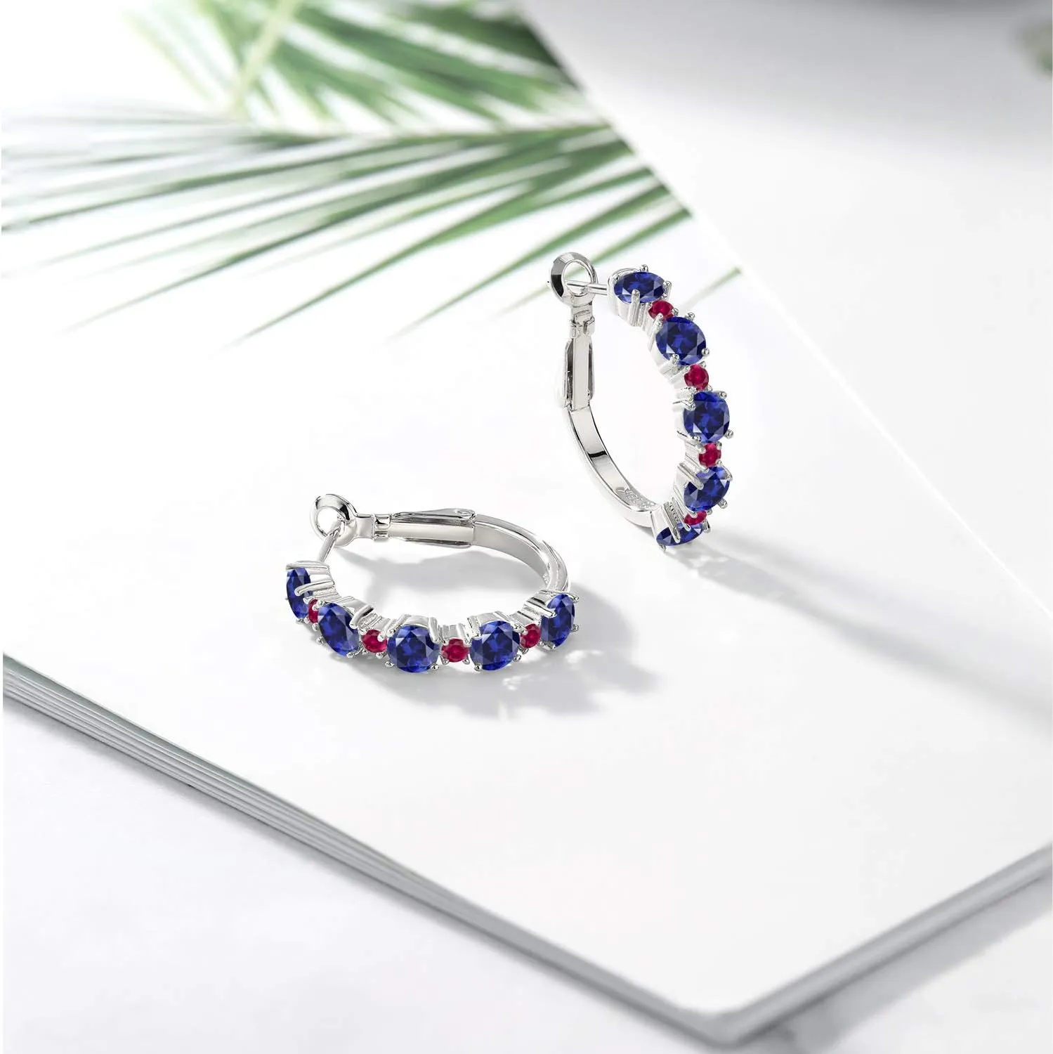 Gem Stone King 925 Sterling Silver Gemstone Birthstone and Created Ruby Hoop Earrings for Women | Round Cut 4MM and 1.9MM Stones | 1 Inch Diameter Hoops | Fine Jewelry for Her Mom Wife Women