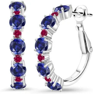 Gem Stone King 925 Sterling Silver Gemstone Birthstone and Created Ruby Hoop Earrings for Women | Round Cut 4MM and 1.9MM Stones | 1 Inch Diameter Hoops | Fine Jewelry for Her Mom Wife Women