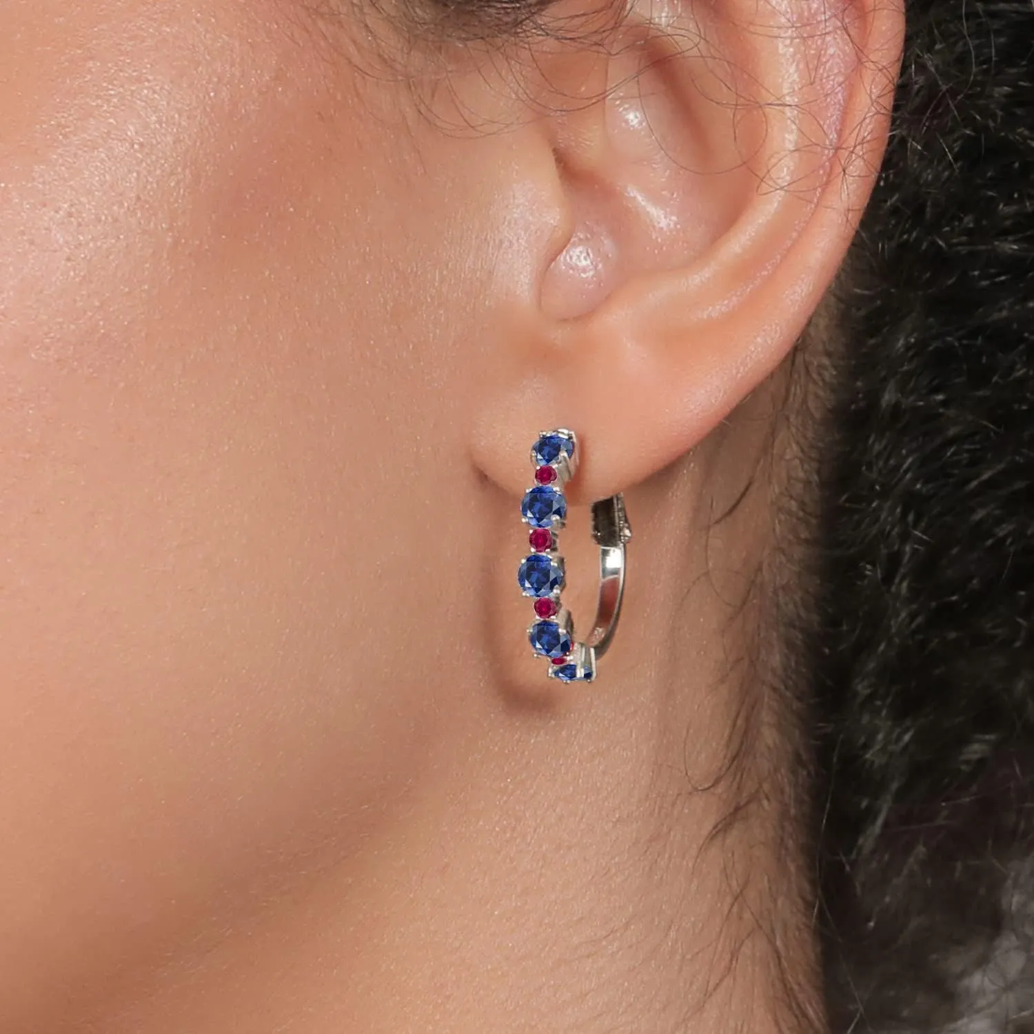 Gem Stone King 925 Sterling Silver Gemstone Birthstone and Created Ruby Hoop Earrings for Women | Round Cut 4MM and 1.9MM Stones | 1 Inch Diameter Hoops | Fine Jewelry for Her Mom Wife Women