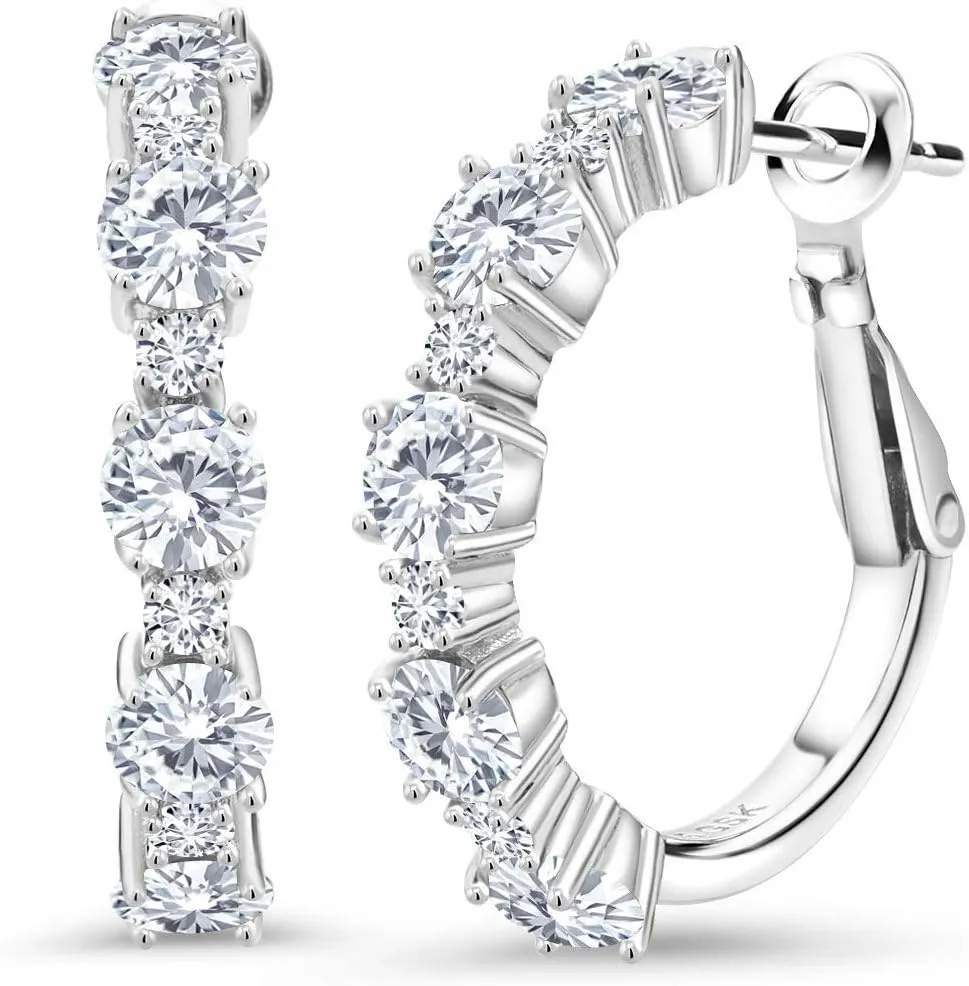 Gem Stone King 925 Sterling Silver Gemstone Birthstone and Lab Grown Diamond Hoop Earrings for Women | Round Cut 4MM and 1.9MM Stones | 1 Inch Diameter Hoops | Fine Jewelry for Her Mom Wife Women