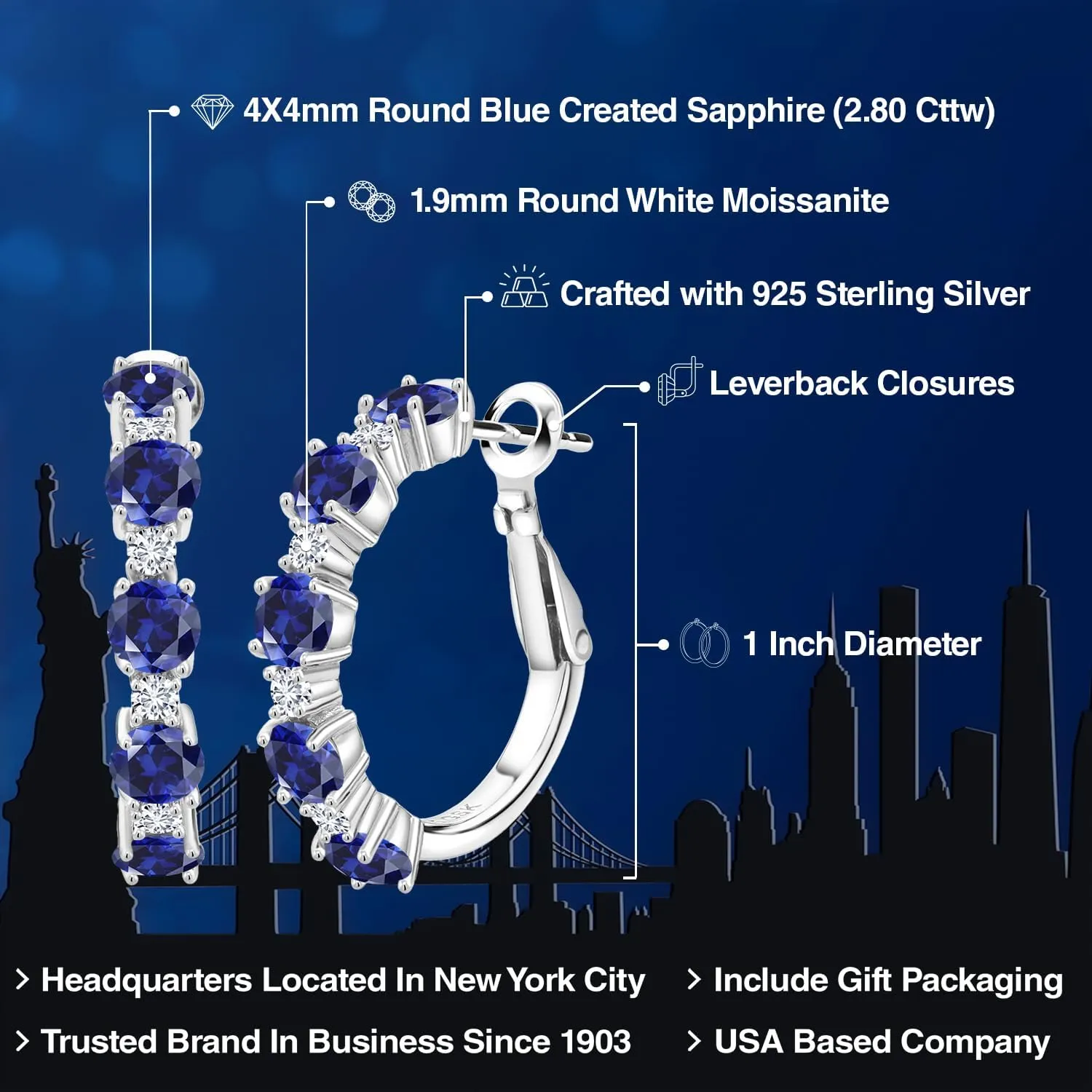 Gem Stone King 925 Sterling Silver Gemstone Birthstone and White Moissanite Hoop Earrings for Women | Round Cut 4MM and 1.9MM Stones | 1 Inch Diameter Hoops | Fine Jewelry for Her Mom Wife Women