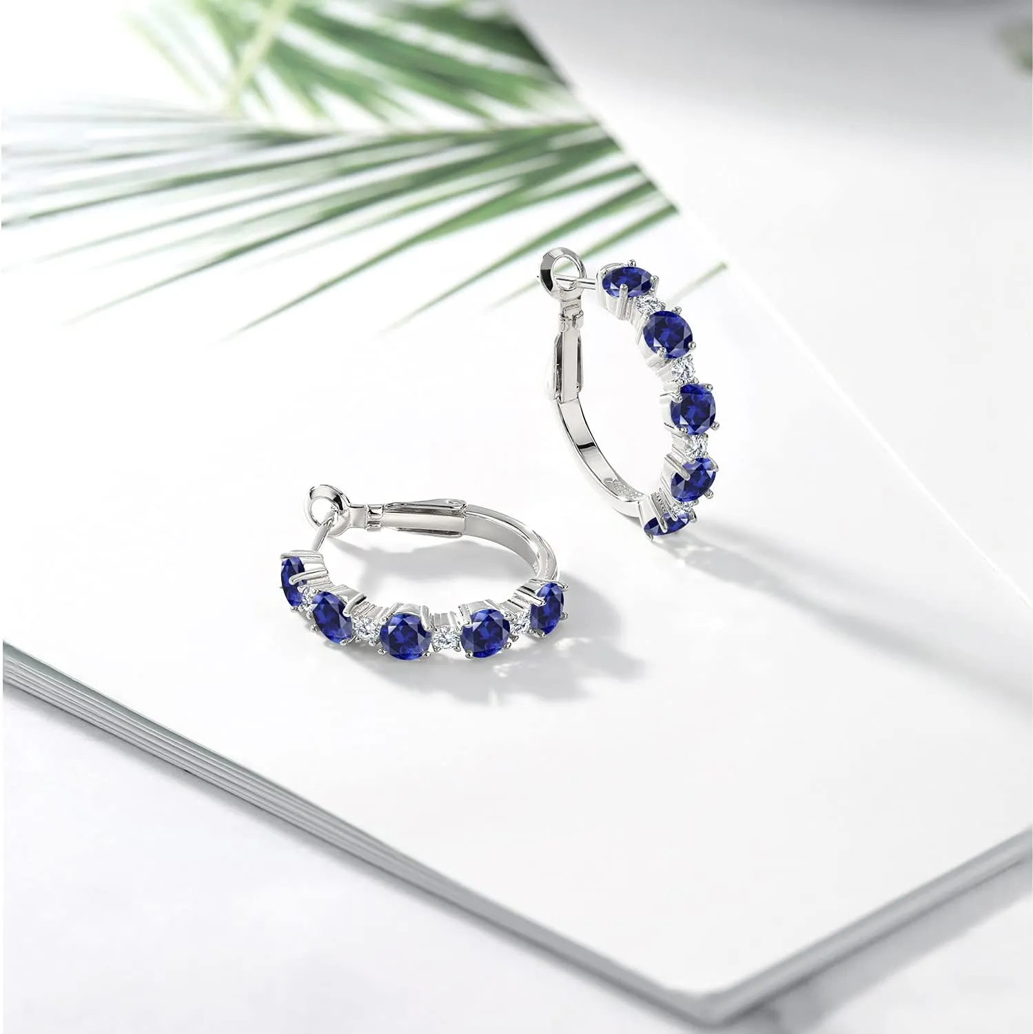 Gem Stone King 925 Sterling Silver Gemstone Birthstone and White Moissanite Hoop Earrings for Women | Round Cut 4MM and 1.9MM Stones | 1 Inch Diameter Hoops | Fine Jewelry for Her Mom Wife Women