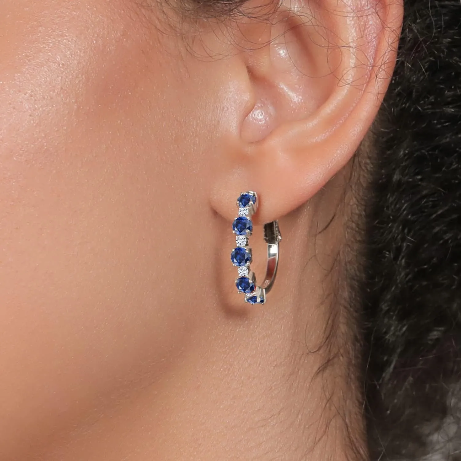 Gem Stone King 925 Sterling Silver Gemstone Birthstone and White Moissanite Hoop Earrings for Women | Round Cut 4MM and 1.9MM Stones | 1 Inch Diameter Hoops | Fine Jewelry for Her Mom Wife Women
