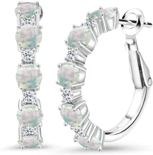 Gem Stone King 925 Sterling Silver Gemstone Birthstone and White Topaz Hoop Earrings for Women | Round Cut 4MM and 1.9MM Stones | 1 Inch Diameter Hoops | Fine Jewelry for Her Mom Wife Women