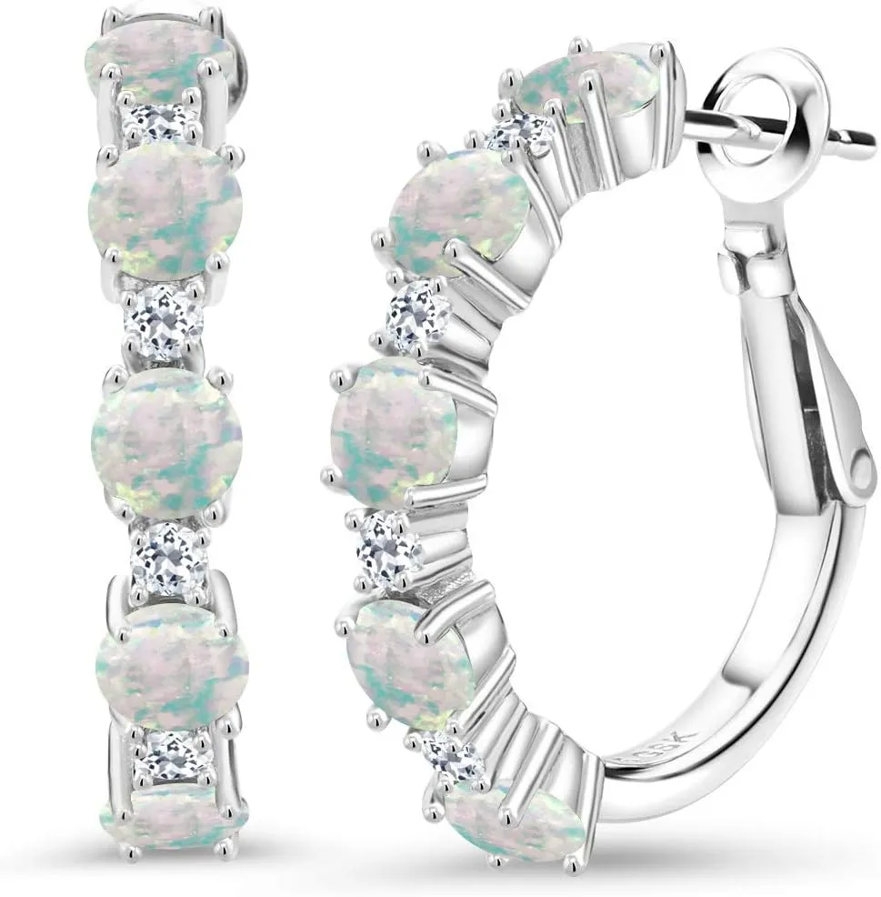 Gem Stone King 925 Sterling Silver Gemstone Birthstone and White Topaz Hoop Earrings for Women | Round Cut 4MM and 1.9MM Stones | 1 Inch Diameter Hoops | Fine Jewelry for Her Mom Wife Women