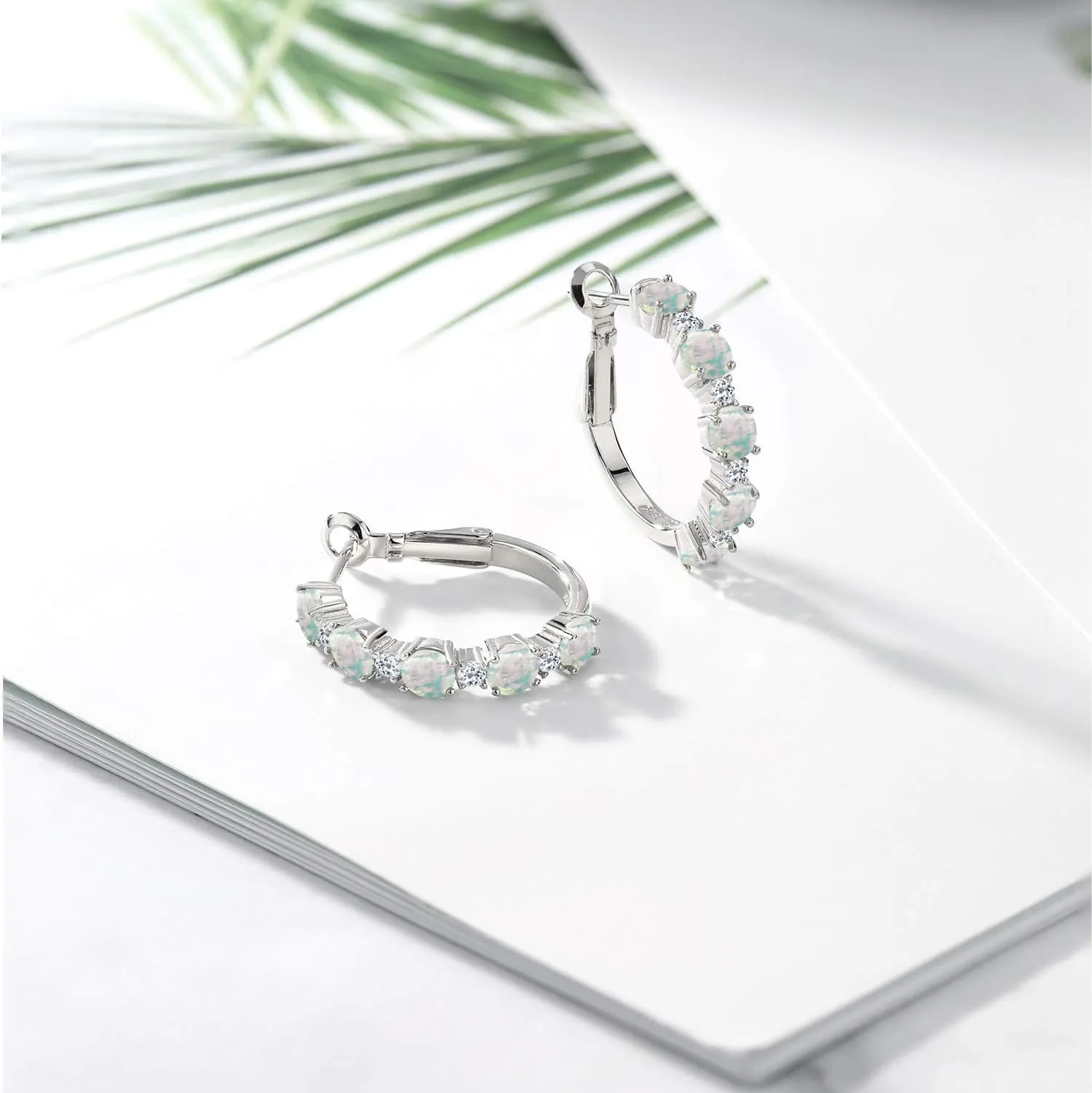 Gem Stone King 925 Sterling Silver Gemstone Birthstone and White Topaz Hoop Earrings for Women | Round Cut 4MM and 1.9MM Stones | 1 Inch Diameter Hoops | Fine Jewelry for Her Mom Wife Women