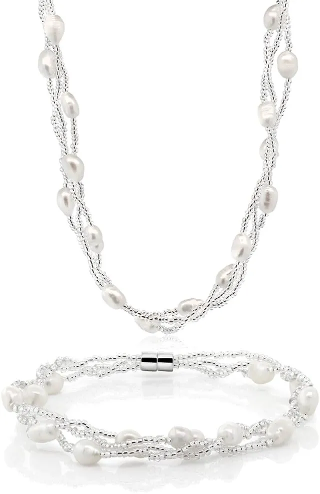 Gem Stone King Twisted White Cultured Freshwater Pearl 16 Inch Necklace For Women and 7 Inch Bracelet Jewelry Set