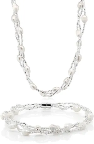 Gem Stone King Twisted White Cultured Freshwater Pearl 16 Inch Necklace For Women and 7 Inch Bracelet Jewelry Set