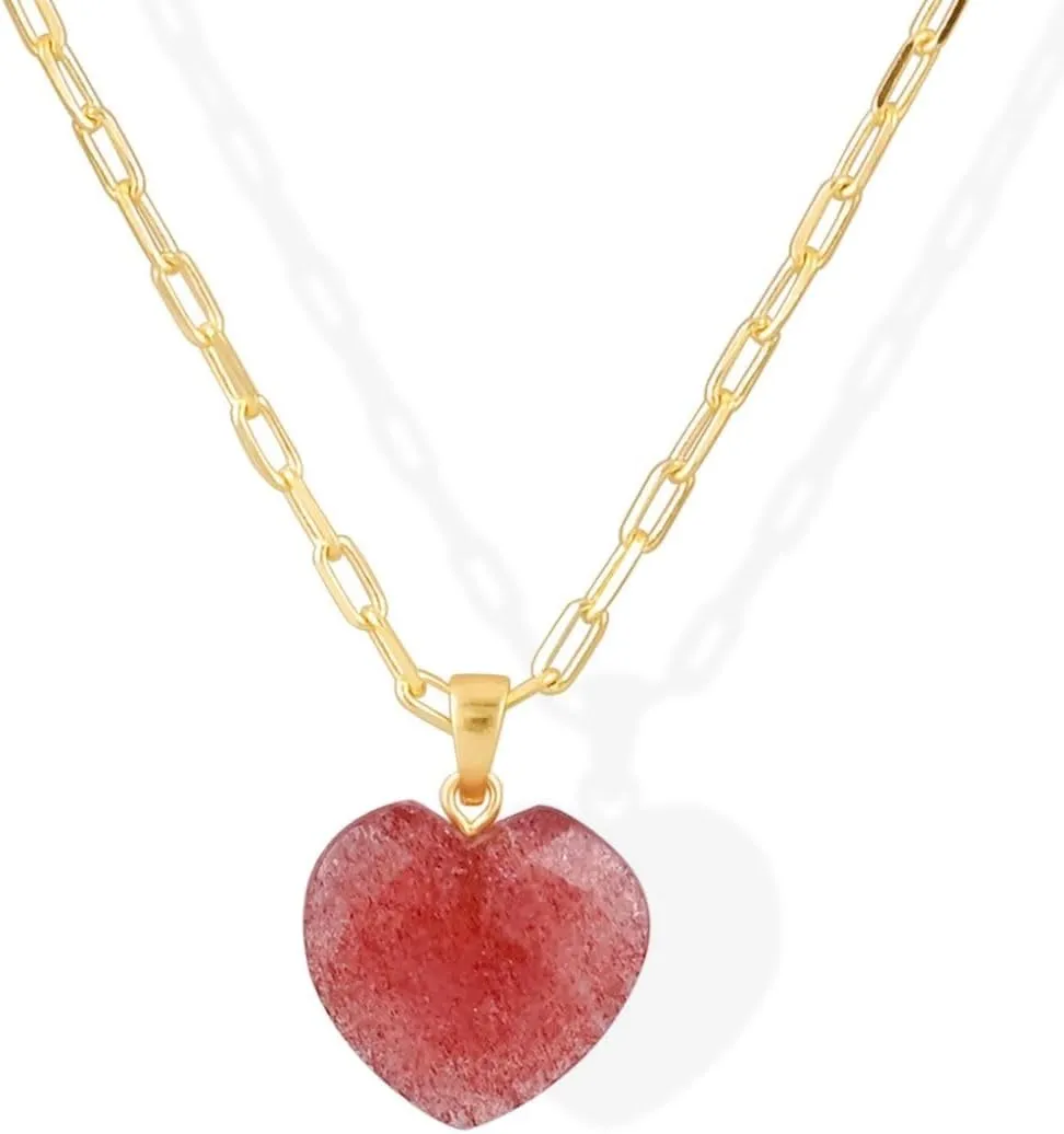 Gempires Gemstone Faceted Heart Necklace Yellow Gold Plated Adjustable Paperclip Chain Elegant Layered Jewelry Healing Crystal Necklaces the Best Women Gifts
