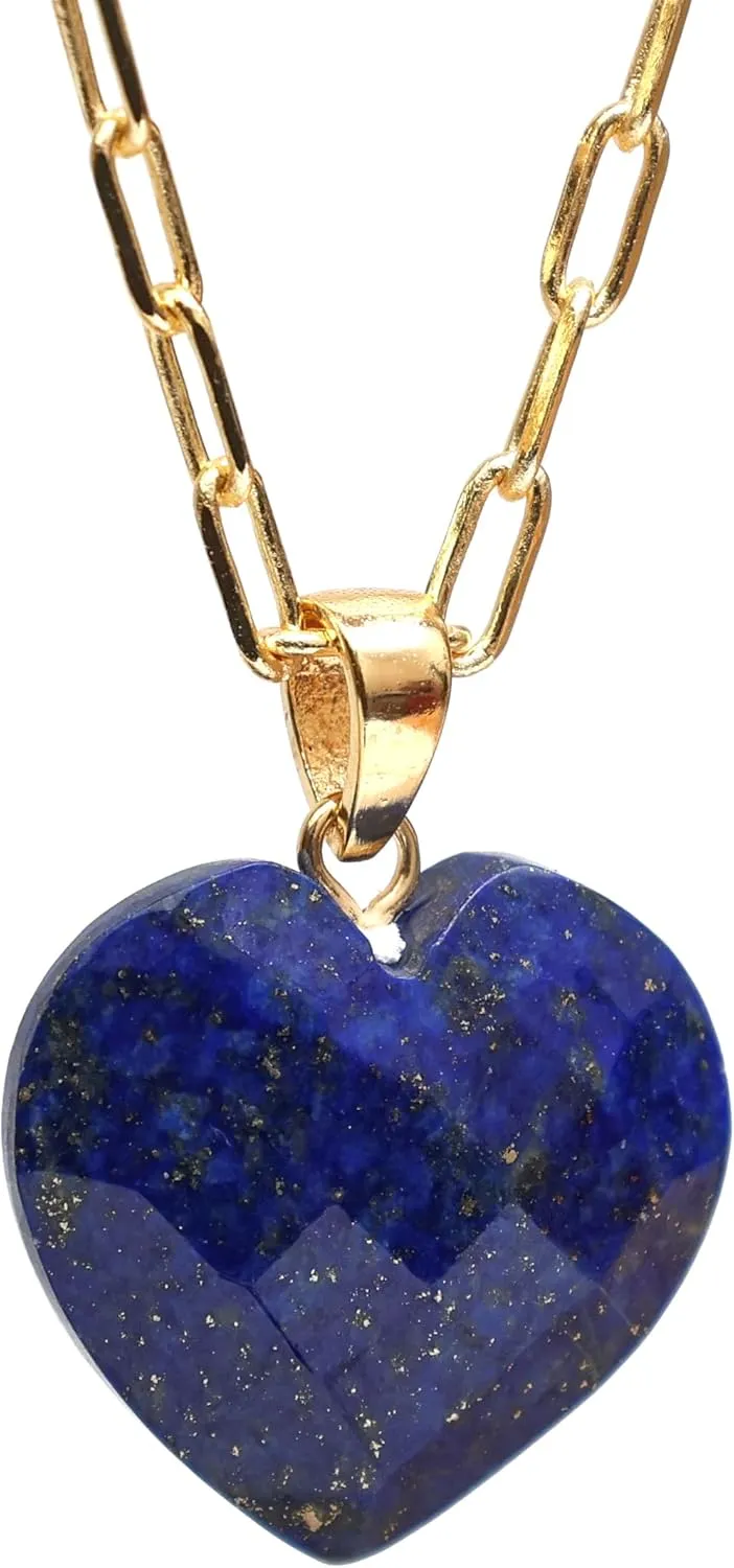 Gempires Gemstone Faceted Heart Necklace Yellow Gold Plated Adjustable Paperclip Chain Elegant Layered Jewelry Healing Crystal Necklaces the Best Women Gifts
