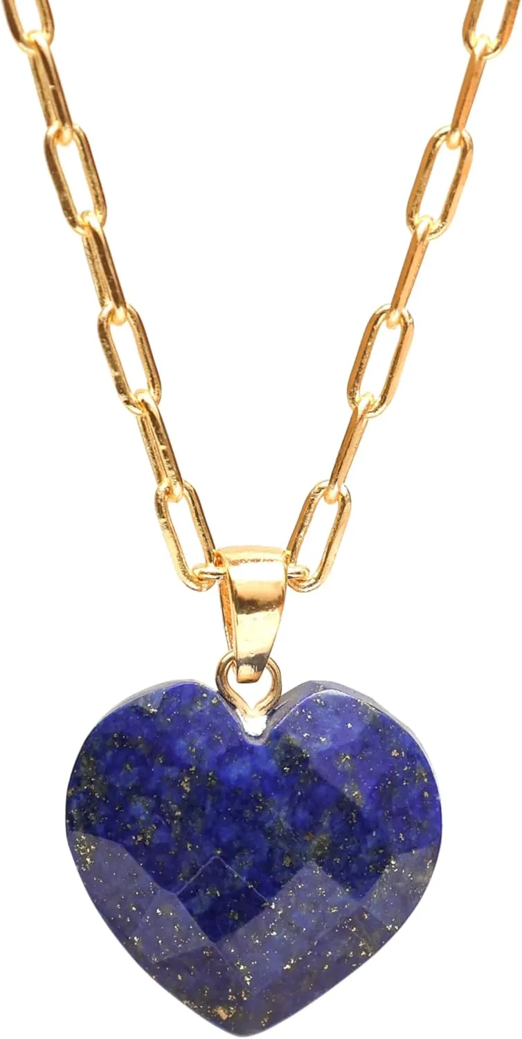 Gempires Gemstone Faceted Heart Necklace Yellow Gold Plated Adjustable Paperclip Chain Elegant Layered Jewelry Healing Crystal Necklaces the Best Women Gifts