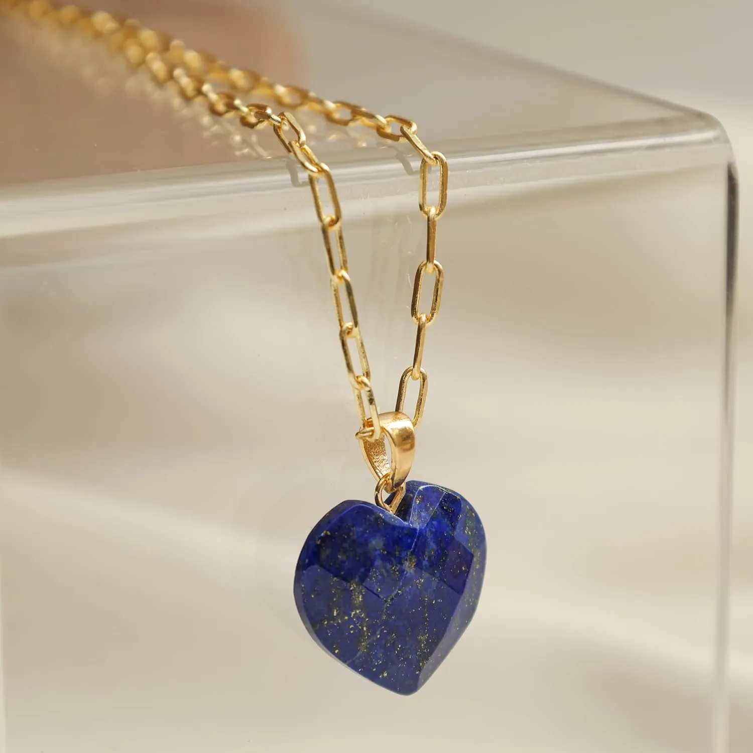 Gempires Gemstone Faceted Heart Necklace Yellow Gold Plated Adjustable Paperclip Chain Elegant Layered Jewelry Healing Crystal Necklaces the Best Women Gifts