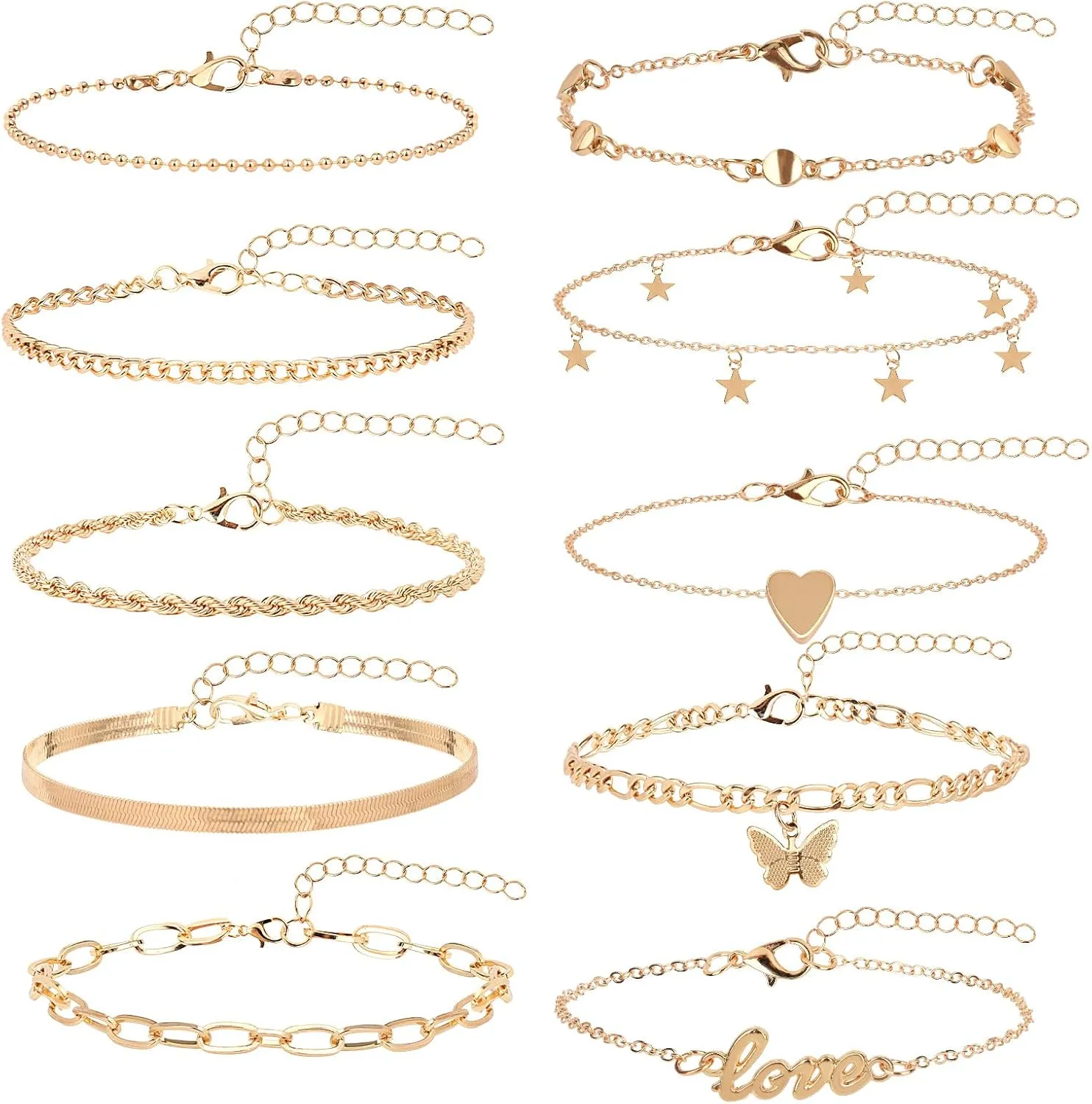 Gold Ankle Bracelets for Women, 10" 2" Extra Large Adjustable Anklets Beach Accessories Permanent Jewelry non Tarnish Free 14k Gold Plated Waterproof Jewlery Sets for Women(10pcs)
