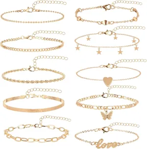 Gold Ankle Bracelets for Women, 10" 2" Extra Large Adjustable Anklets Beach Accessories Permanent Jewelry non Tarnish Free 14k Gold Plated Waterproof Jewlery Sets for Women(10pcs)