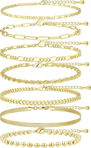 Gold Ankle Bracelets for Women, 14K Real Gold Plated Dainty Anklets for Women, Adjustable Waterproof Anklets for Womens Trendy Include Beaded Ball, Paperclip, Cuban, Herringbone, Figaro, Mirror Twist Chain