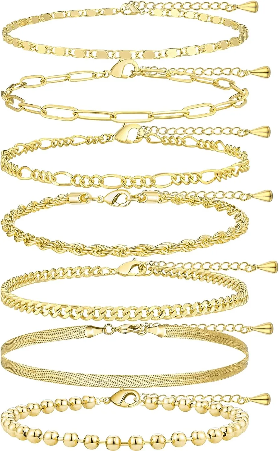 Gold Ankle Bracelets for Women, 14K Real Gold Plated Dainty Anklets for Women, Adjustable Waterproof Anklets for Womens Trendy Include Beaded Ball, Paperclip, Cuban, Herringbone, Figaro, Mirror Twist Chain