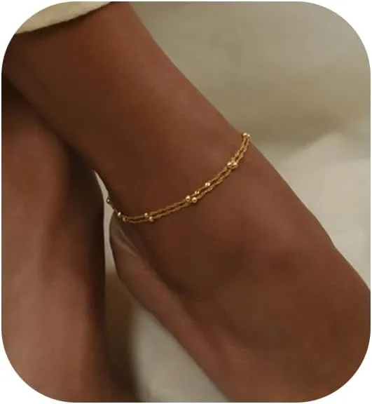 Gold Ankle Bracelets for Women,Dainty 14K Gold Plated Anklets for Women Waterproof Herringbone Beaded Satellite Anklets Set Layered Anklet Bracelets for Women Gold Jewelry Gift
