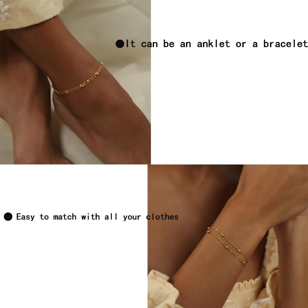 Gold Ankle Bracelets for Women,Dainty 14K Gold Plated Anklets for Women Waterproof Herringbone Beaded Satellite Anklets Set Layered Anklet Bracelets for Women Gold Jewelry Gift