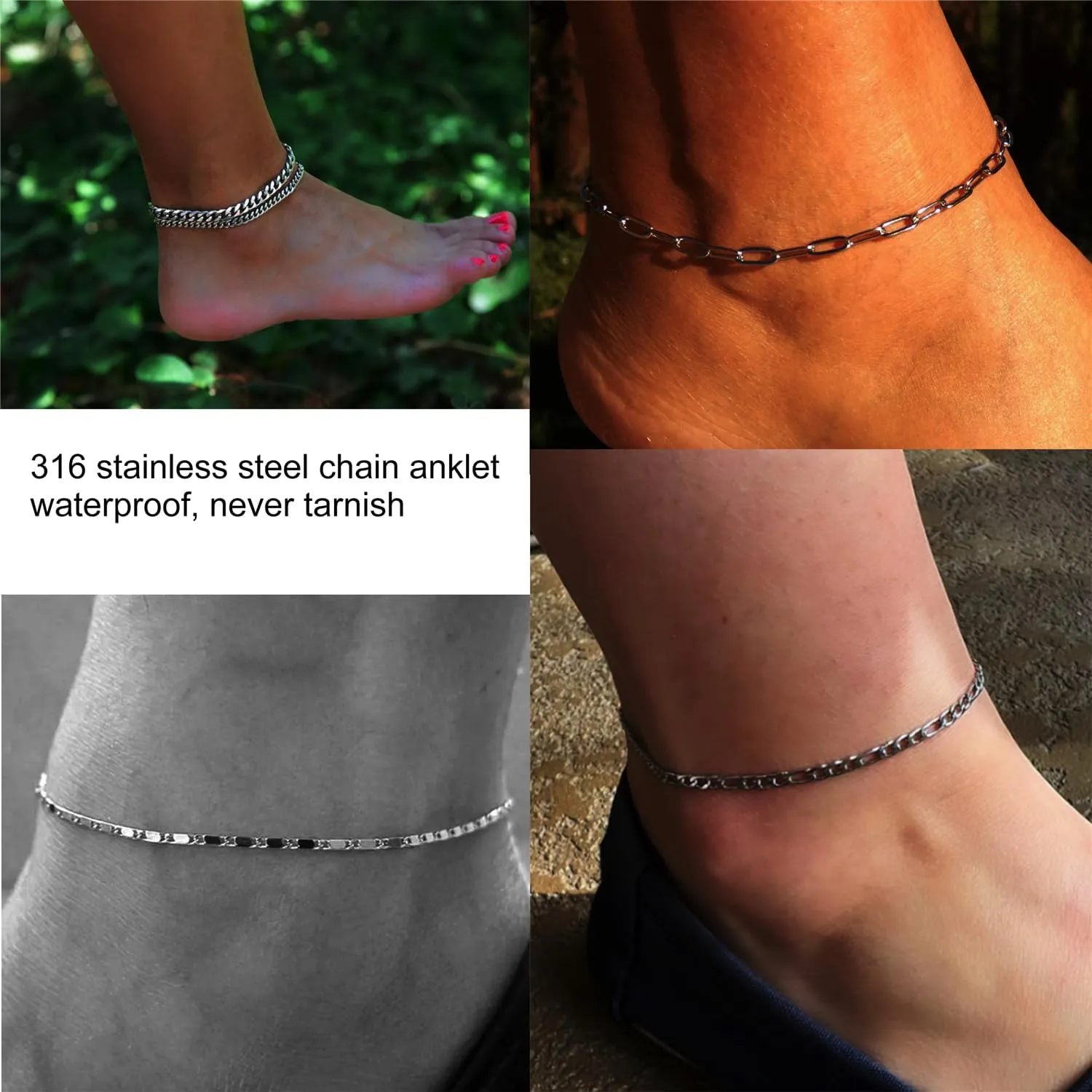 Gold Anklet for Women Men, 14K White Gold Plated Stainless Steel Anklets Set for Women, Waterproof Cuban Figaro Rope Paperclip Beaded Snake Mariner Chain Ankle Bracelet
