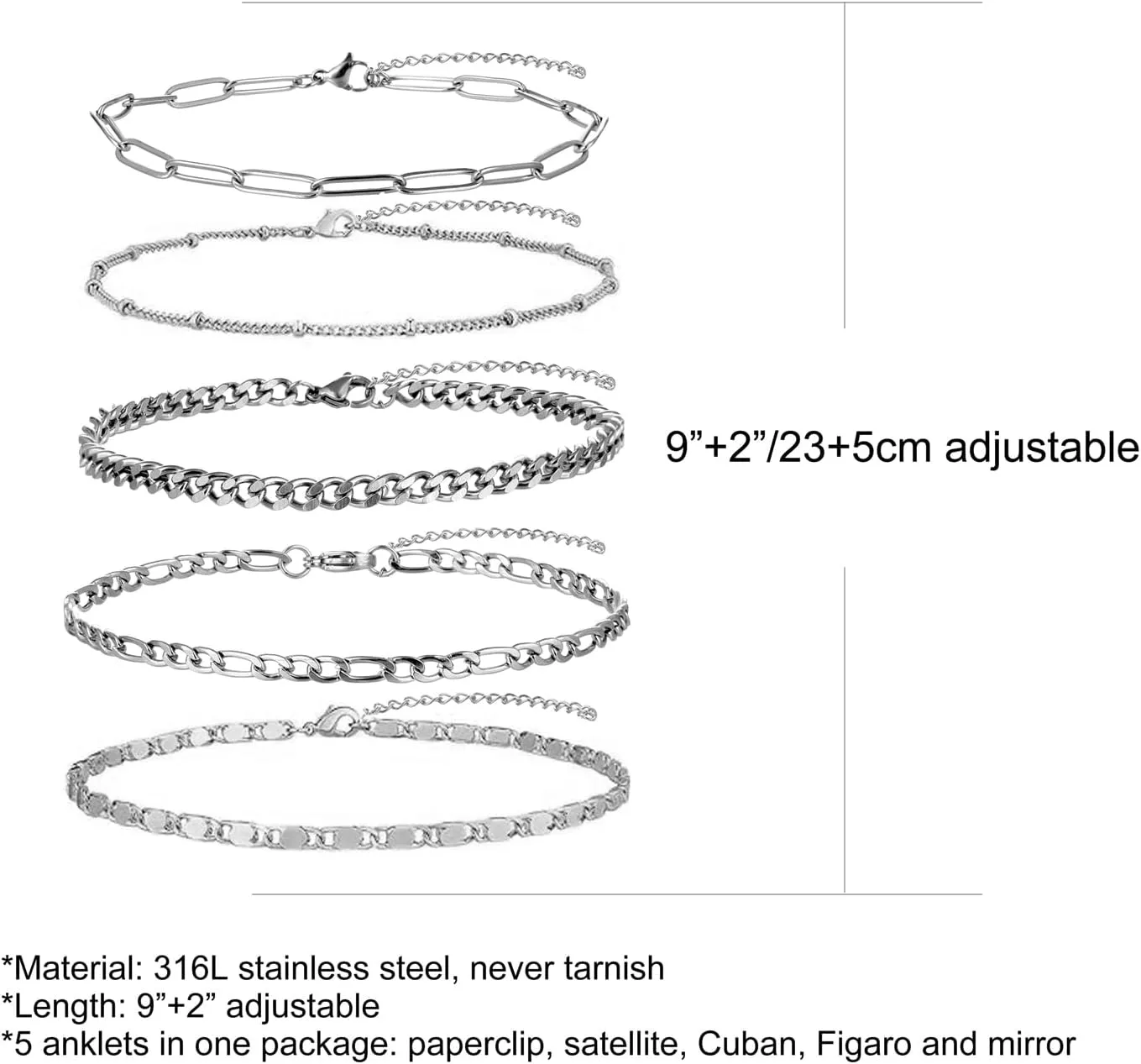 Gold Anklet for Women Men, 14K White Gold Plated Stainless Steel Anklets Set for Women, Waterproof Cuban Figaro Rope Paperclip Beaded Snake Mariner Chain Ankle Bracelet