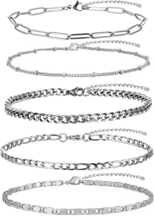 Gold Anklet for Women Men, 14K White Gold Plated Stainless Steel Anklets Set for Women, Waterproof Cuban Figaro Rope Paperclip Beaded Snake Mariner Chain Ankle Bracelet