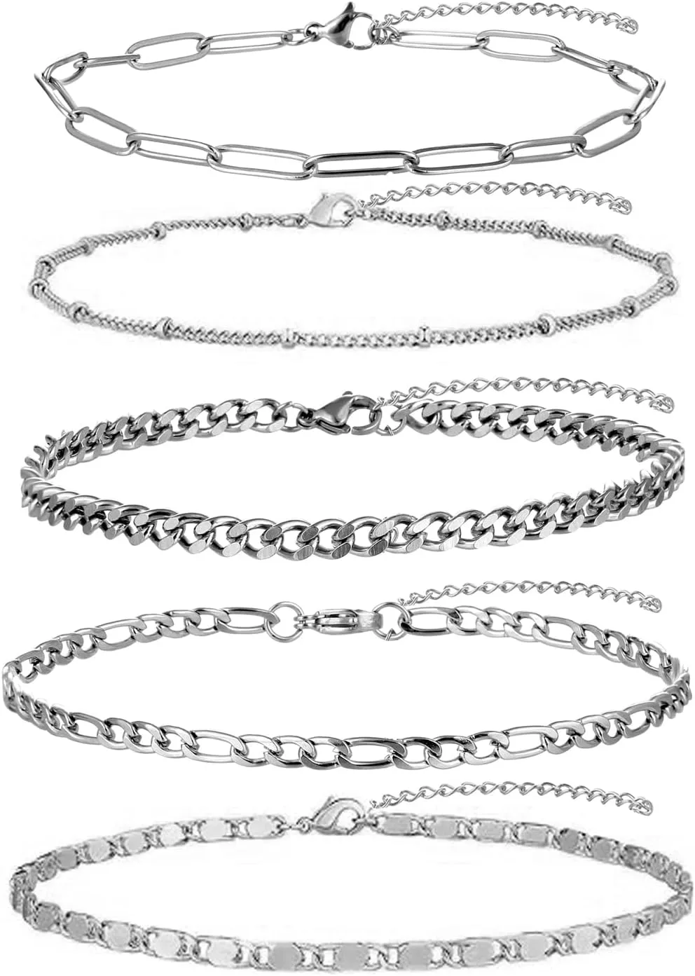 Gold Anklet for Women Men, 14K White Gold Plated Stainless Steel Anklets Set for Women, Waterproof Cuban Figaro Rope Paperclip Beaded Snake Mariner Chain Ankle Bracelet