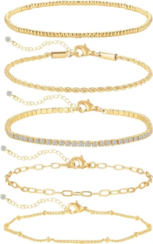 Gold Bracelets for Women, Dainty 14K Gold Plated Bracelet Stack Tennis Thin Bracelets, Trendy Stackable Bracelets, Golden Jewelry Set Link Bracelet Pack, Fashion Jewelry Pack for Women