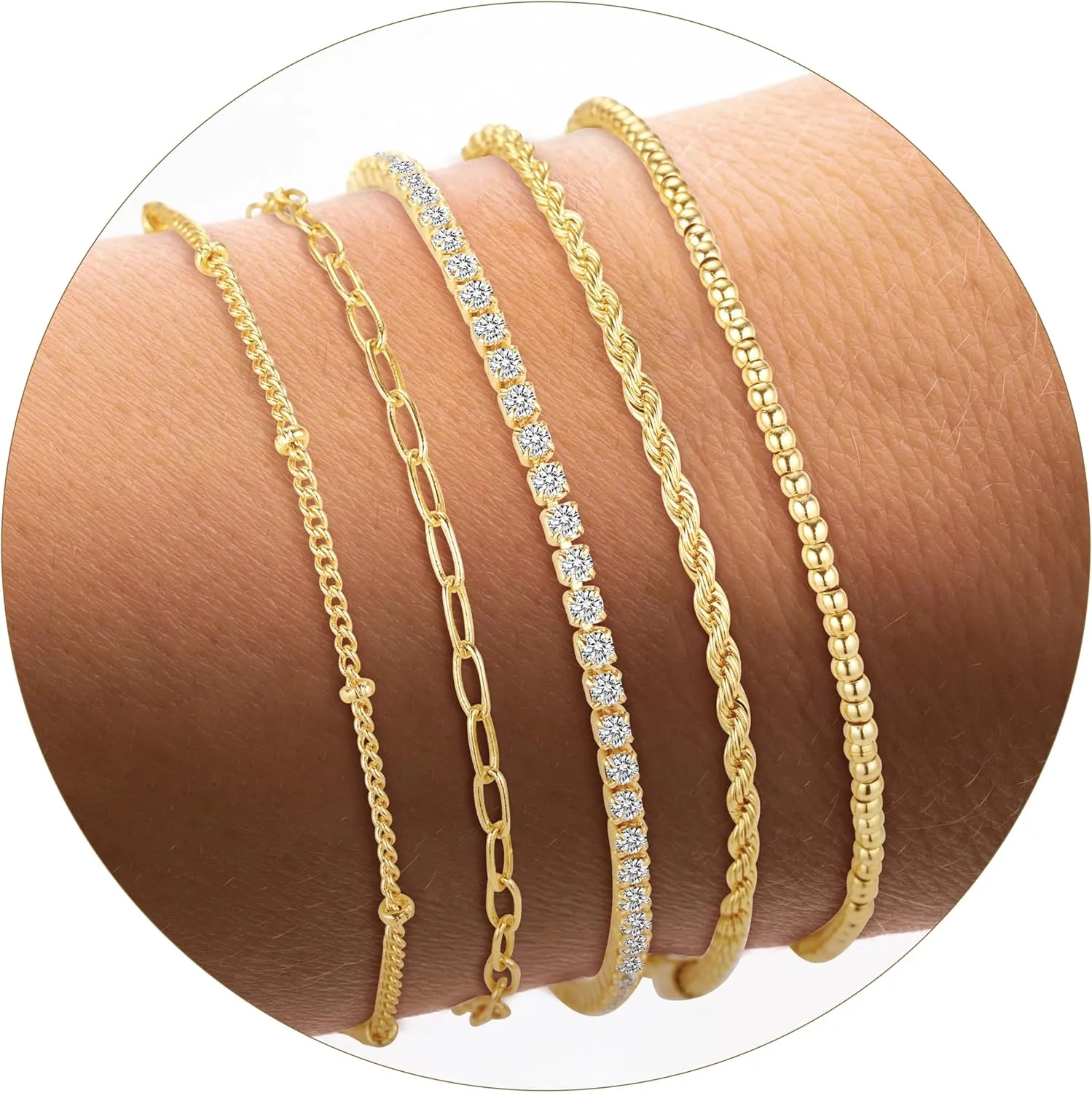 Gold Bracelets for Women, Dainty 14K Gold Plated Bracelet Stack Tennis Thin Bracelets, Trendy Stackable Bracelets, Golden Jewelry Set Link Bracelet Pack, Fashion Jewelry Pack for Women