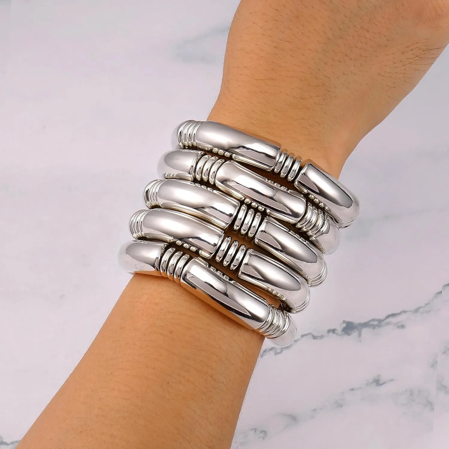 Gold Chunky Bangles Bracelets For Women 14k Gold Plated Stack Layered Curved Bamboo Tube Stretch Bracelets Gift Jewelry