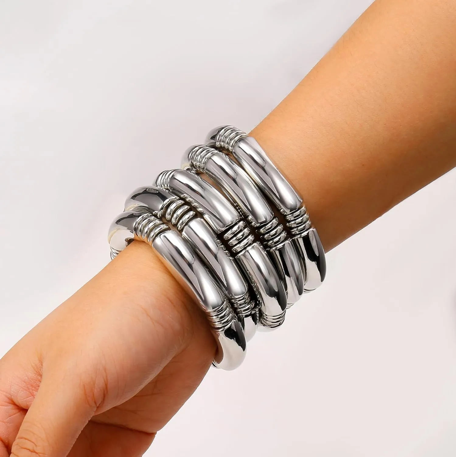 Gold Chunky Bangles Bracelets For Women 14k Gold Plated Stack Layered Curved Bamboo Tube Stretch Bracelets Gift Jewelry