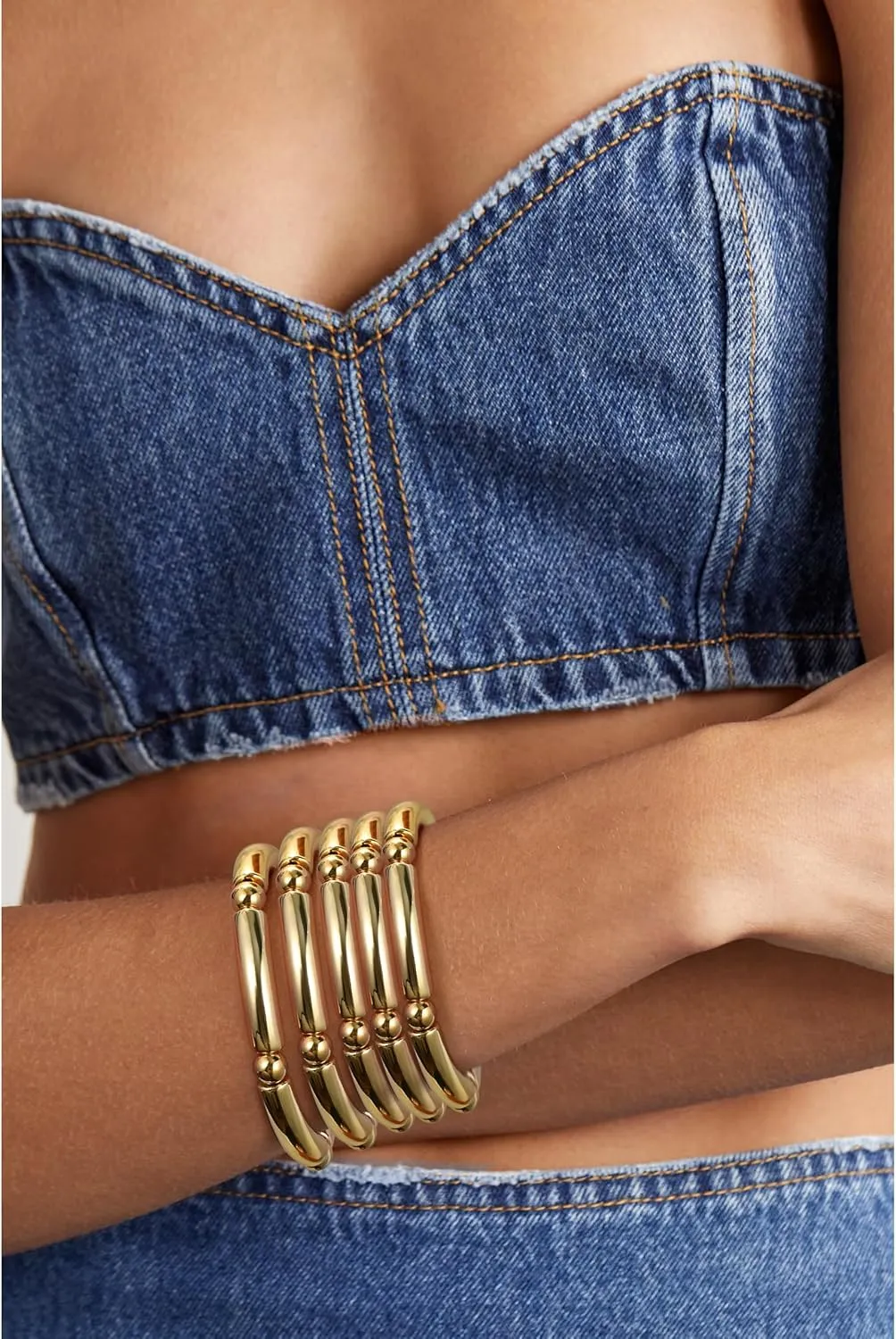 Gold Chunky Bangles Bracelets For Women 14k Gold Plated Stack Layered Curved Bamboo Tube Stretch Bracelets Gift Jewelry