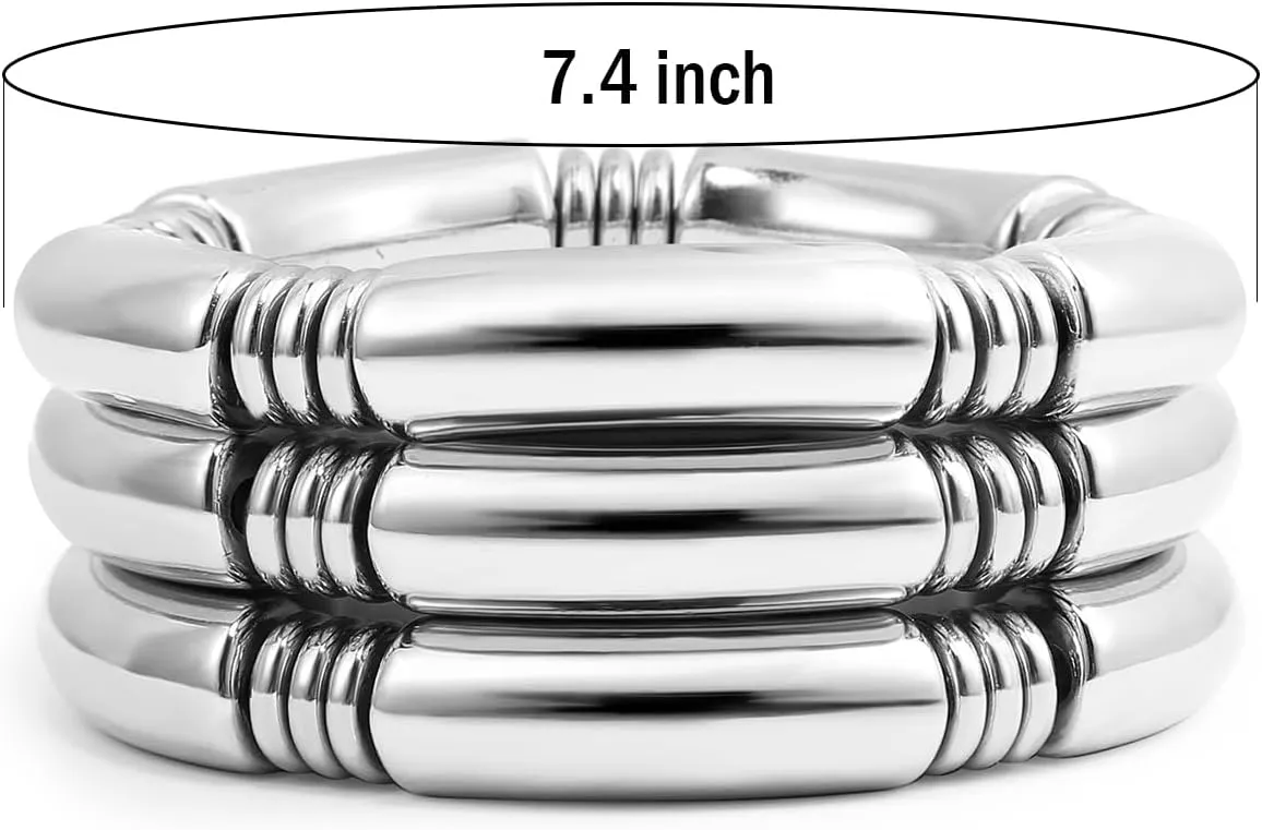 Gold Chunky Bangles Bracelets For Women 14k Gold Plated Stack Layered Curved Bamboo Tube Stretch Bracelets Gift Jewelry