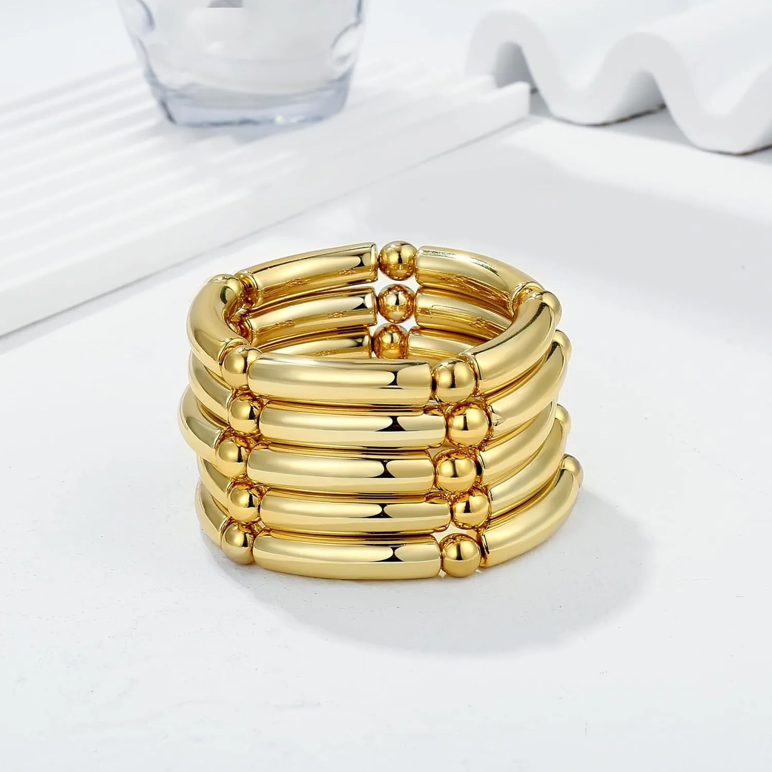 Gold Chunky Bangles Bracelets For Women 14k Gold Plated Stack Layered Curved Bamboo Tube Stretch Bracelets Gift Jewelry