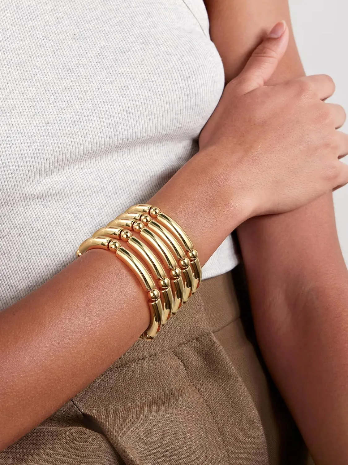 Gold Chunky Bangles Bracelets For Women 14k Gold Plated Stack Layered Curved Bamboo Tube Stretch Bracelets Gift Jewelry