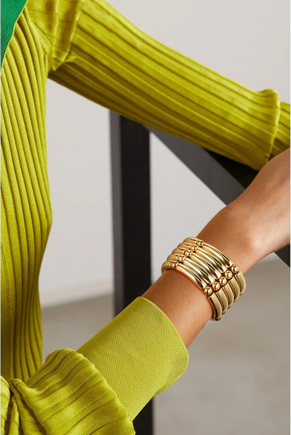 Gold Chunky Bangles Bracelets For Women 14k Gold Plated Stack Layered Curved Bamboo Tube Stretch Bracelets Gift Jewelry