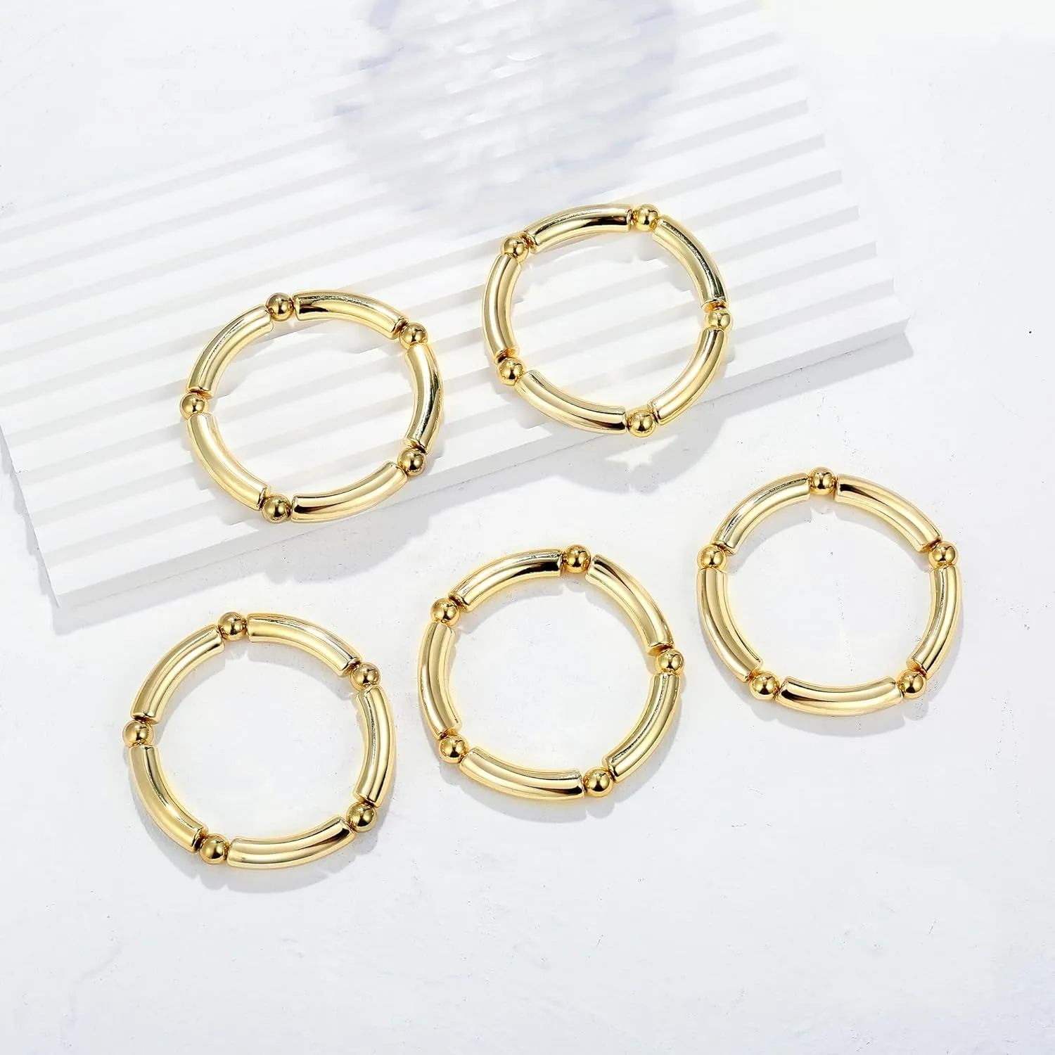 Gold Chunky Bangles Bracelets For Women 14k Gold Plated Stack Layered Curved Bamboo Tube Stretch Bracelets Gift Jewelry