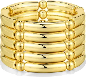 Gold Chunky Bangles Bracelets For Women 14k Gold Plated Stack Layered Curved Bamboo Tube Stretch Bracelets Gift Jewelry