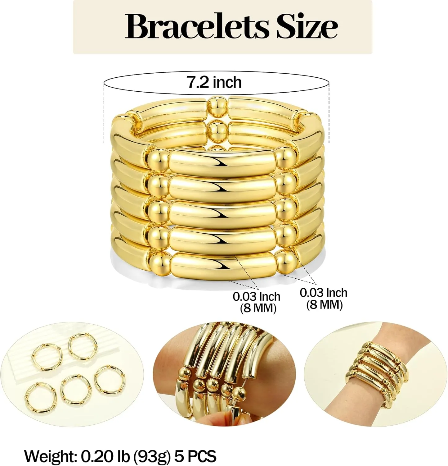 Gold Chunky Bangles Bracelets For Women 14k Gold Plated Stack Layered Curved Bamboo Tube Stretch Bracelets Gift Jewelry