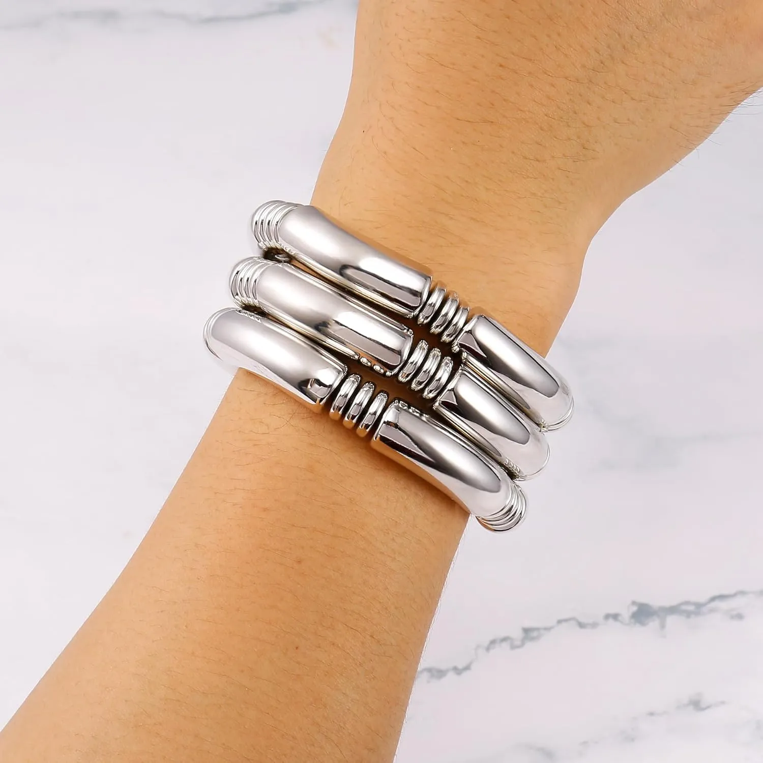 Gold Chunky Bangles Bracelets For Women 14k Gold Plated Stack Layered Curved Bamboo Tube Stretch Bracelets Gift Jewelry