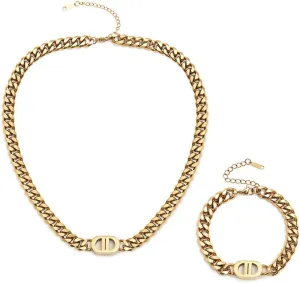 Gold Jewelry Set for Women,Classic 18K Gold Ladies' Letter Necklace and Bracelets,Elegant Cuban Chain,Women Valentine Anniversary Birthday Friendship Gift