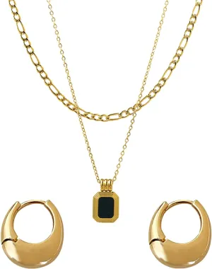 Gold Jewelry Sets for Women Trendy - Elegant Hoop Earrings and Layered Gold Necklaces with Black Pendant, gold,biack
